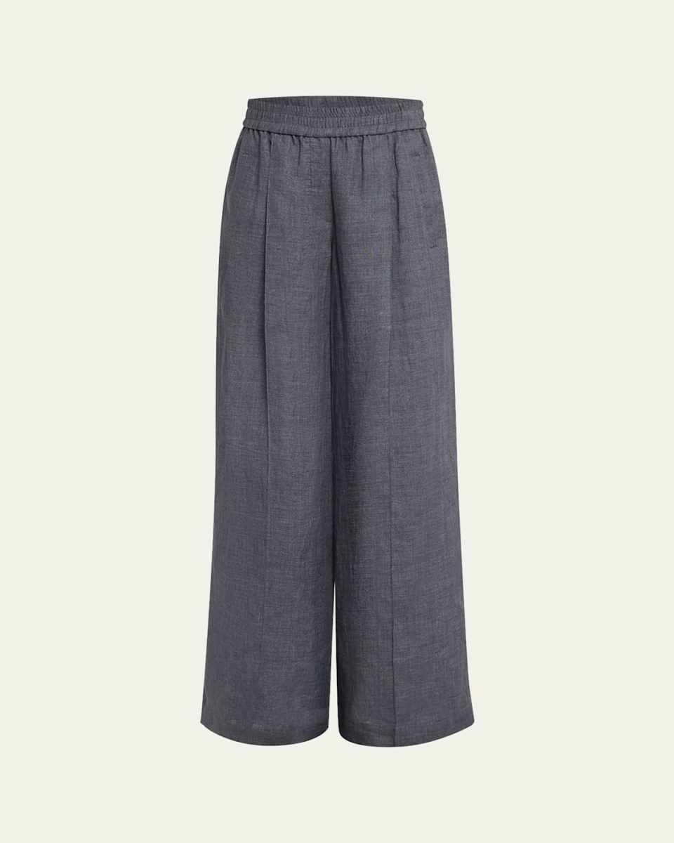 Pleated Wide-Leg Linen Pull-On Trackpants